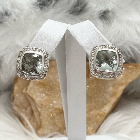 David Yurman Diamond Prasiolite Albion Earrings .925 Sterling Silver - Picture 2 of 8